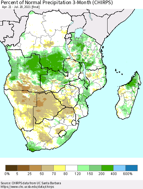 Southern Africa Percent of Normal Precipitation 3-Month (CHIRPS) Thematic Map For 4/21/2021 - 7/20/2021