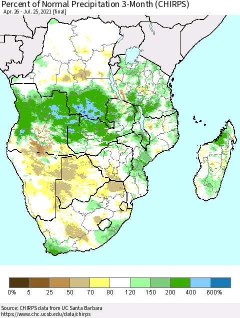 Southern Africa Percent of Normal Precipitation 3-Month (CHIRPS) Thematic Map For 4/26/2021 - 7/25/2021
