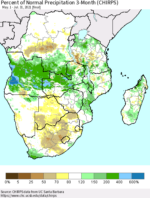 Southern Africa Percent of Normal Precipitation 3-Month (CHIRPS) Thematic Map For 5/1/2021 - 7/31/2021