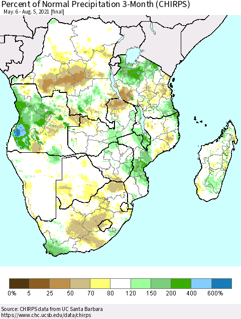 Southern Africa Percent of Normal Precipitation 3-Month (CHIRPS) Thematic Map For 5/6/2021 - 8/5/2021
