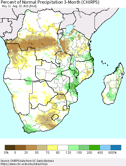 Southern Africa Percent of Normal Precipitation 3-Month (CHIRPS) Thematic Map For 5/11/2021 - 8/10/2021