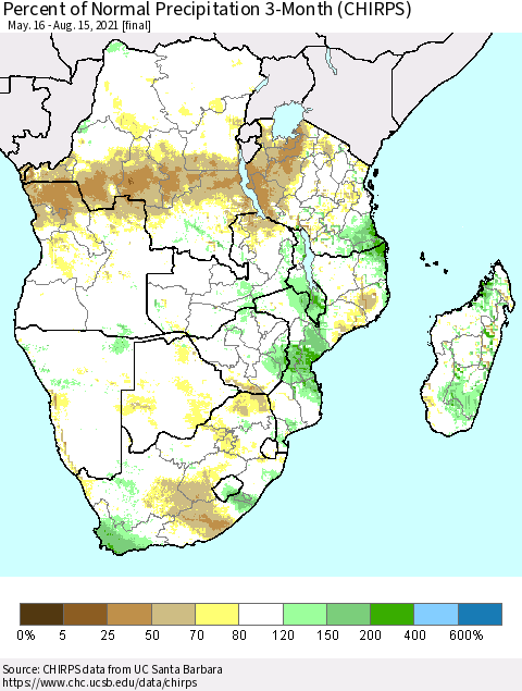 Southern Africa Percent of Normal Precipitation 3-Month (CHIRPS) Thematic Map For 5/16/2021 - 8/15/2021