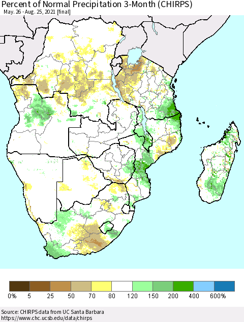 Southern Africa Percent of Normal Precipitation 3-Month (CHIRPS) Thematic Map For 5/26/2021 - 8/25/2021