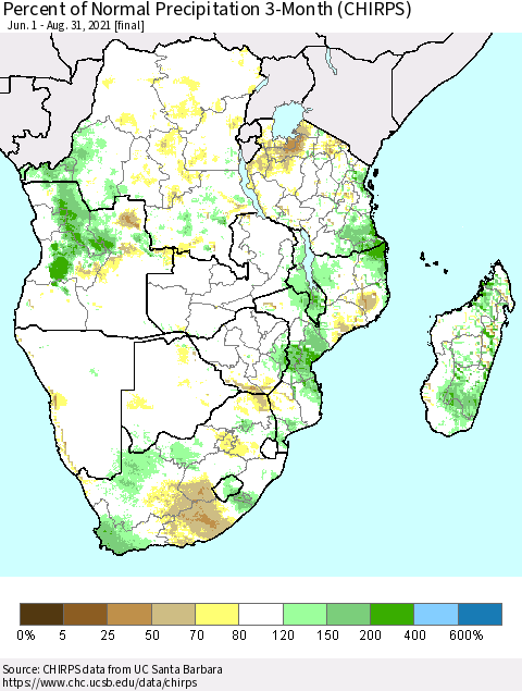 Southern Africa Percent of Normal Precipitation 3-Month (CHIRPS) Thematic Map For 6/1/2021 - 8/31/2021