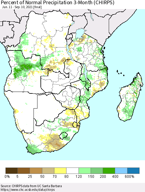 Southern Africa Percent of Normal Precipitation 3-Month (CHIRPS) Thematic Map For 6/11/2021 - 9/10/2021