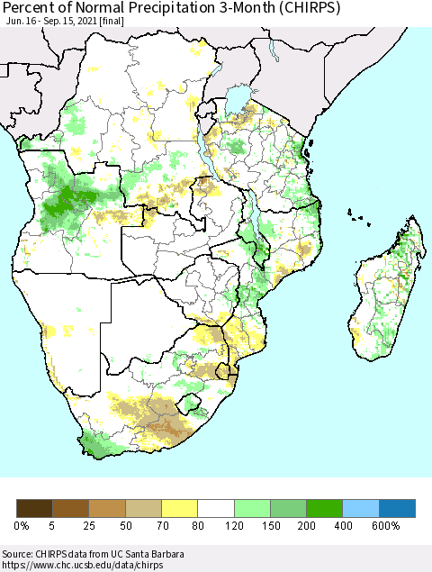 Southern Africa Percent of Normal Precipitation 3-Month (CHIRPS) Thematic Map For 6/16/2021 - 9/15/2021
