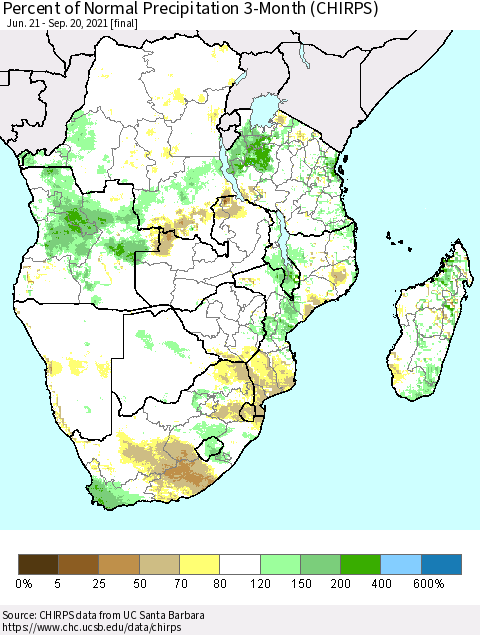 Southern Africa Percent of Normal Precipitation 3-Month (CHIRPS) Thematic Map For 6/21/2021 - 9/20/2021