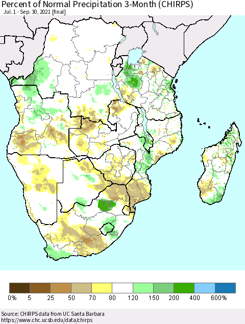 Southern Africa Percent of Normal Precipitation 3-Month (CHIRPS) Thematic Map For 7/1/2021 - 9/30/2021