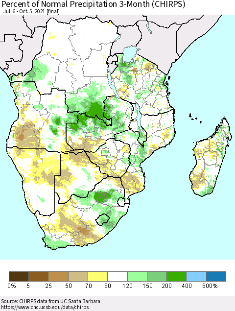 Southern Africa Percent of Normal Precipitation 3-Month (CHIRPS) Thematic Map For 7/6/2021 - 10/5/2021