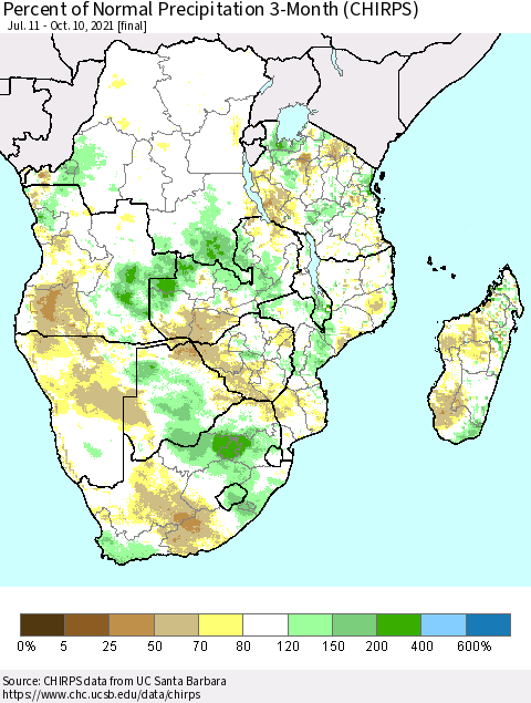 Southern Africa Percent of Normal Precipitation 3-Month (CHIRPS) Thematic Map For 7/11/2021 - 10/10/2021