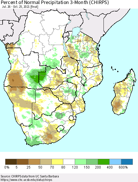 Southern Africa Percent of Normal Precipitation 3-Month (CHIRPS) Thematic Map For 7/26/2021 - 10/25/2021