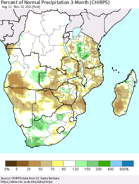 Southern Africa Percent of Normal Precipitation 3-Month (CHIRPS) Thematic Map For 8/11/2021 - 11/10/2021