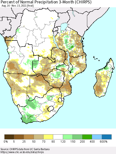 Southern Africa Percent of Normal Precipitation 3-Month (CHIRPS) Thematic Map For 8/16/2021 - 11/15/2021