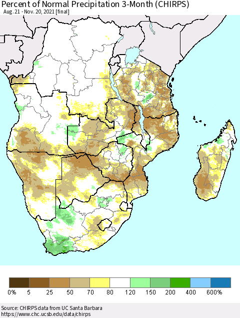 Southern Africa Percent of Normal Precipitation 3-Month (CHIRPS) Thematic Map For 8/21/2021 - 11/20/2021