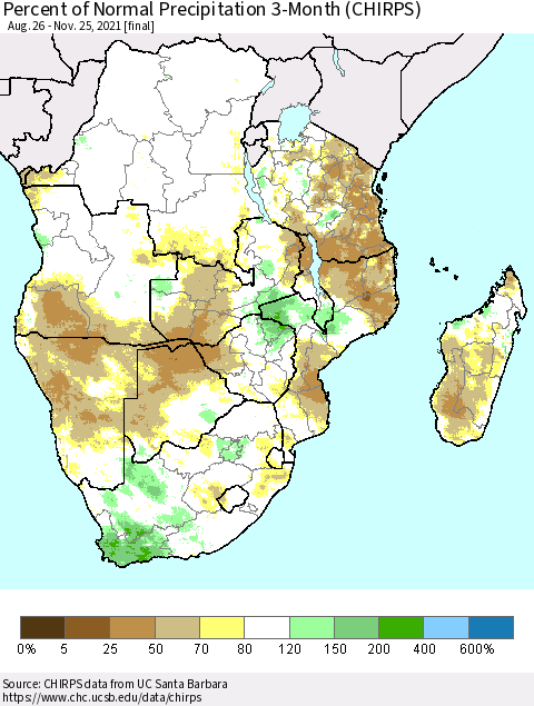 Southern Africa Percent of Normal Precipitation 3-Month (CHIRPS) Thematic Map For 8/26/2021 - 11/25/2021