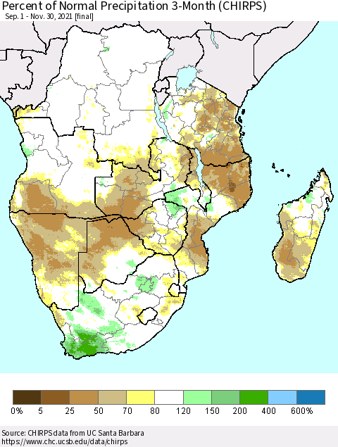 Southern Africa Percent of Normal Precipitation 3-Month (CHIRPS) Thematic Map For 9/1/2021 - 11/30/2021