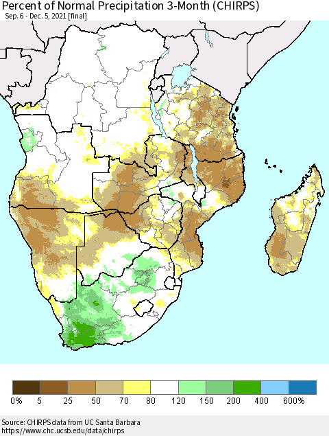 Southern Africa Percent of Normal Precipitation 3-Month (CHIRPS) Thematic Map For 9/6/2021 - 12/5/2021