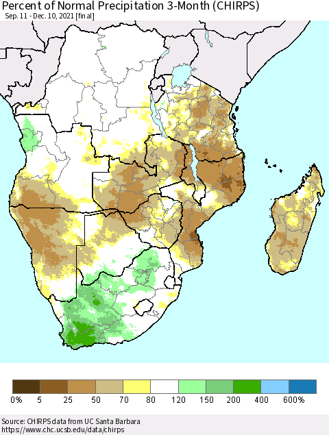 Southern Africa Percent of Normal Precipitation 3-Month (CHIRPS) Thematic Map For 9/11/2021 - 12/10/2021