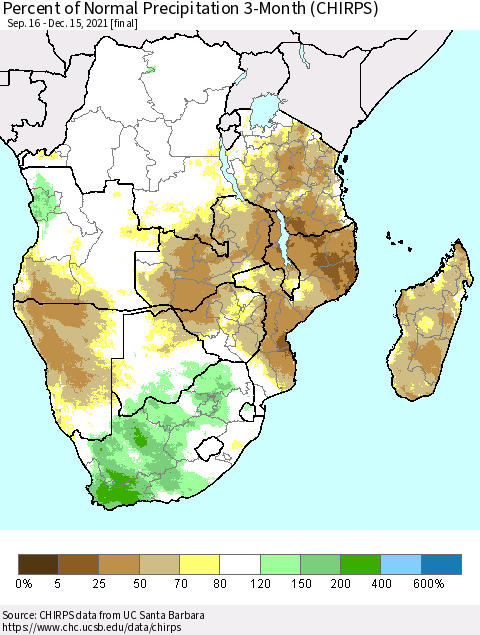 Southern Africa Percent of Normal Precipitation 3-Month (CHIRPS) Thematic Map For 9/16/2021 - 12/15/2021