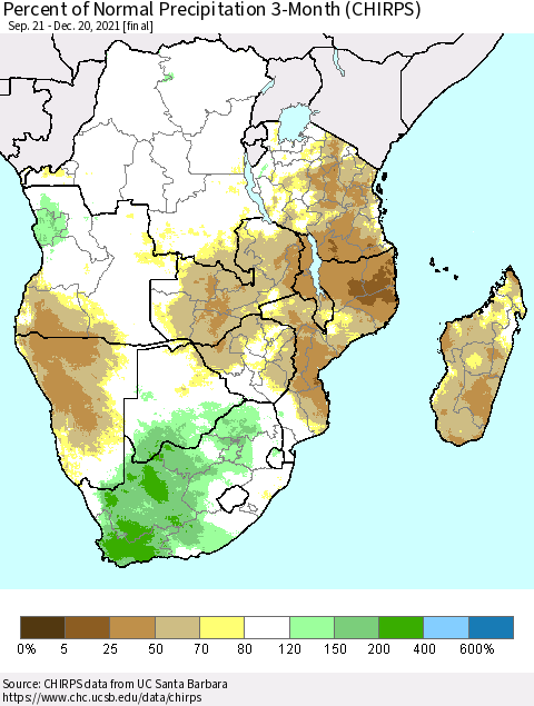Southern Africa Percent of Normal Precipitation 3-Month (CHIRPS) Thematic Map For 9/21/2021 - 12/20/2021