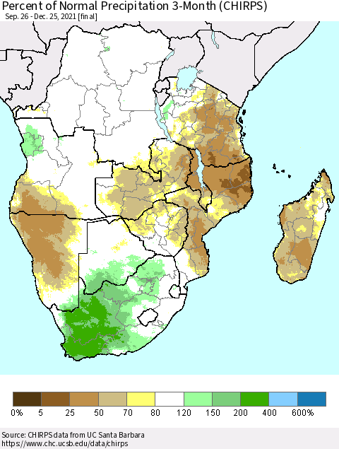 Southern Africa Percent of Normal Precipitation 3-Month (CHIRPS) Thematic Map For 9/26/2021 - 12/25/2021