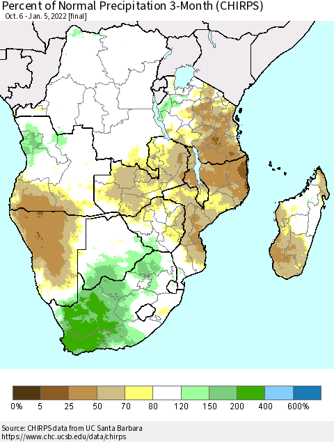 Southern Africa Percent of Normal Precipitation 3-Month (CHIRPS) Thematic Map For 10/6/2021 - 1/5/2022