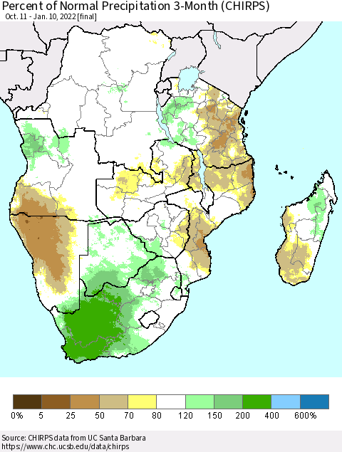 Southern Africa Percent of Normal Precipitation 3-Month (CHIRPS) Thematic Map For 10/11/2021 - 1/10/2022