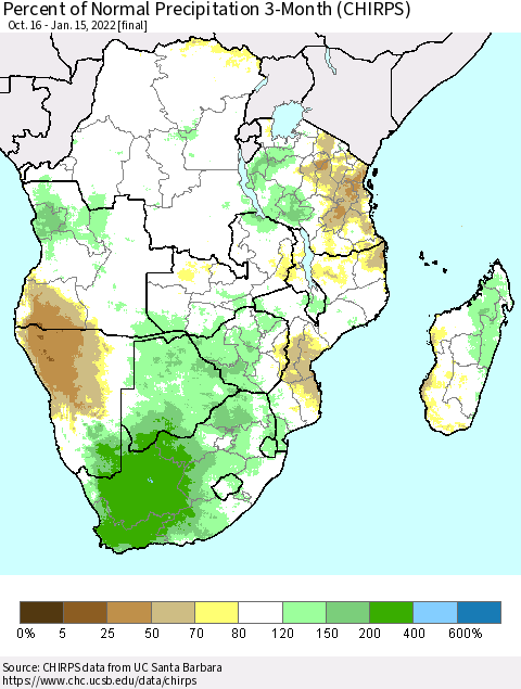 Southern Africa Percent of Normal Precipitation 3-Month (CHIRPS) Thematic Map For 10/16/2021 - 1/15/2022