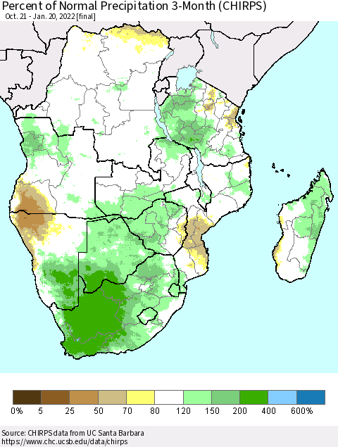 Southern Africa Percent of Normal Precipitation 3-Month (CHIRPS) Thematic Map For 10/21/2021 - 1/20/2022