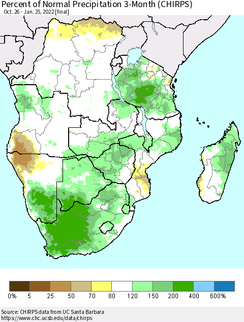 Southern Africa Percent of Normal Precipitation 3-Month (CHIRPS) Thematic Map For 10/26/2021 - 1/25/2022