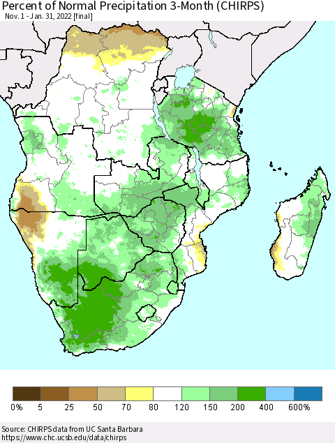 Southern Africa Percent of Normal Precipitation 3-Month (CHIRPS) Thematic Map For 11/1/2021 - 1/31/2022