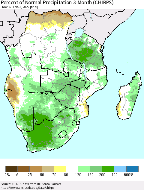 Southern Africa Percent of Normal Precipitation 3-Month (CHIRPS) Thematic Map For 11/6/2021 - 2/5/2022