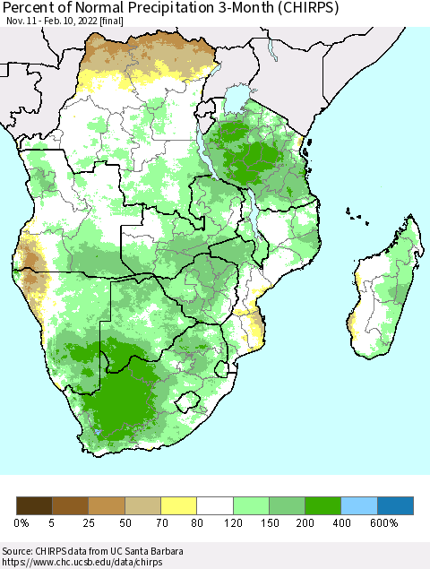 Southern Africa Percent of Normal Precipitation 3-Month (CHIRPS) Thematic Map For 11/11/2021 - 2/10/2022