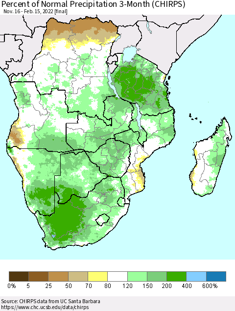 Southern Africa Percent of Normal Precipitation 3-Month (CHIRPS) Thematic Map For 11/16/2021 - 2/15/2022