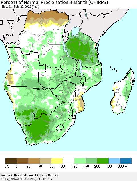 Southern Africa Percent of Normal Precipitation 3-Month (CHIRPS) Thematic Map For 11/21/2021 - 2/20/2022
