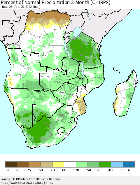 Southern Africa Percent of Normal Precipitation 3-Month (CHIRPS) Thematic Map For 11/26/2021 - 2/25/2022