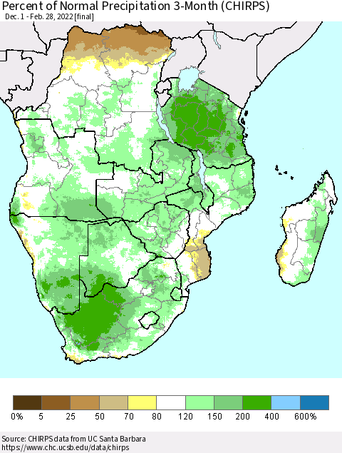 Southern Africa Percent of Normal Precipitation 3-Month (CHIRPS) Thematic Map For 12/1/2021 - 2/28/2022