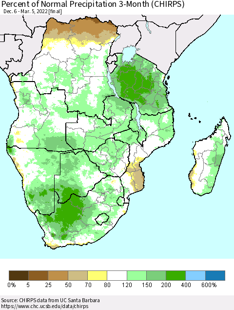 Southern Africa Percent of Normal Precipitation 3-Month (CHIRPS) Thematic Map For 12/6/2021 - 3/5/2022
