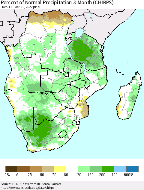 Southern Africa Percent of Normal Precipitation 3-Month (CHIRPS) Thematic Map For 12/11/2021 - 3/10/2022