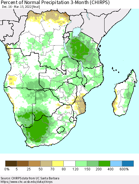 Southern Africa Percent of Normal Precipitation 3-Month (CHIRPS) Thematic Map For 12/16/2021 - 3/15/2022