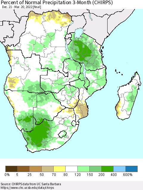 Southern Africa Percent of Normal Precipitation 3-Month (CHIRPS) Thematic Map For 12/21/2021 - 3/20/2022