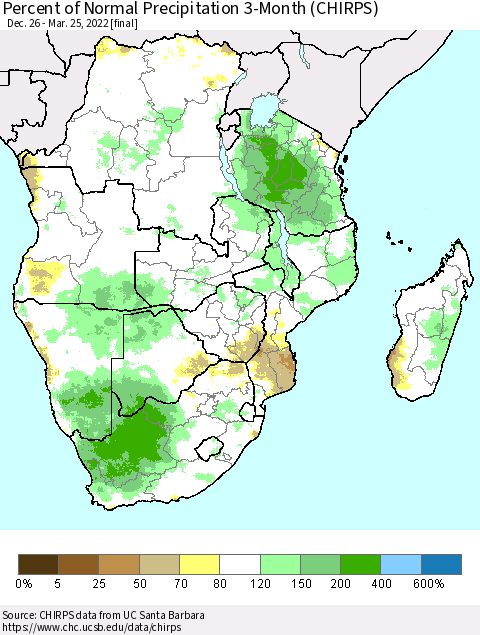 Southern Africa Percent of Normal Precipitation 3-Month (CHIRPS) Thematic Map For 12/26/2021 - 3/25/2022