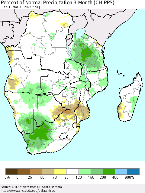 Southern Africa Percent of Normal Precipitation 3-Month (CHIRPS) Thematic Map For 1/1/2022 - 3/31/2022
