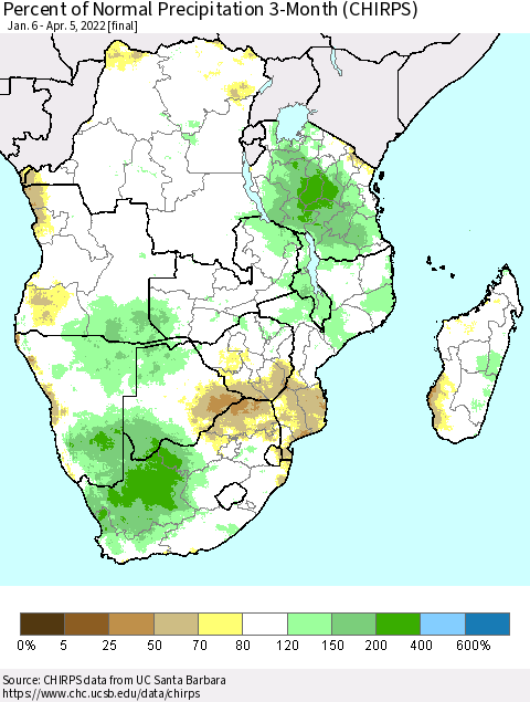 Southern Africa Percent of Normal Precipitation 3-Month (CHIRPS) Thematic Map For 1/6/2022 - 4/5/2022