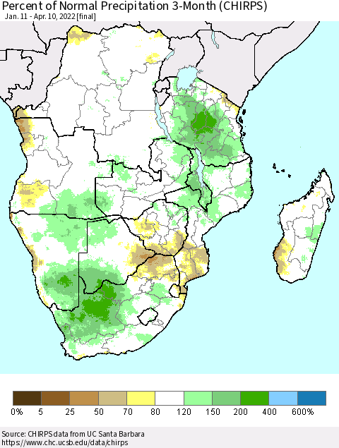 Southern Africa Percent of Normal Precipitation 3-Month (CHIRPS) Thematic Map For 1/11/2022 - 4/10/2022