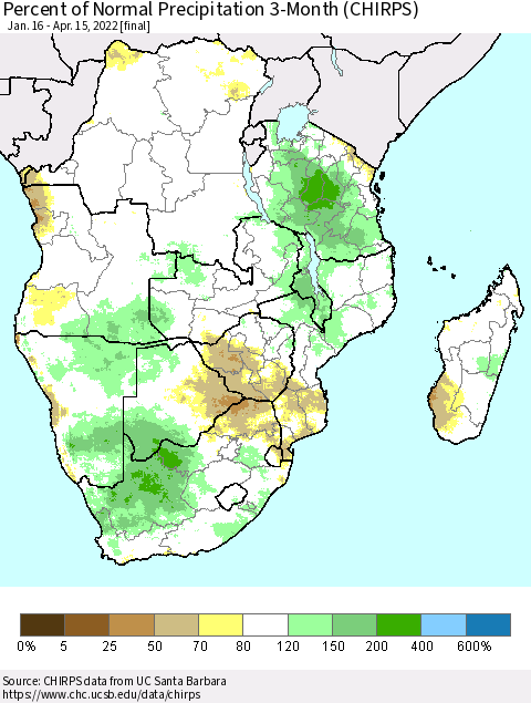 Southern Africa Percent of Normal Precipitation 3-Month (CHIRPS) Thematic Map For 1/16/2022 - 4/15/2022