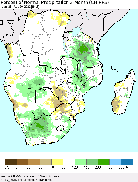 Southern Africa Percent of Normal Precipitation 3-Month (CHIRPS) Thematic Map For 1/21/2022 - 4/20/2022