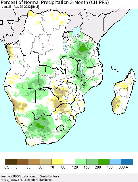 Southern Africa Percent of Normal Precipitation 3-Month (CHIRPS) Thematic Map For 1/26/2022 - 4/25/2022