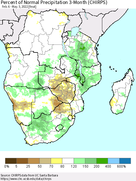 Southern Africa Percent of Normal Precipitation 3-Month (CHIRPS) Thematic Map For 2/6/2022 - 5/5/2022