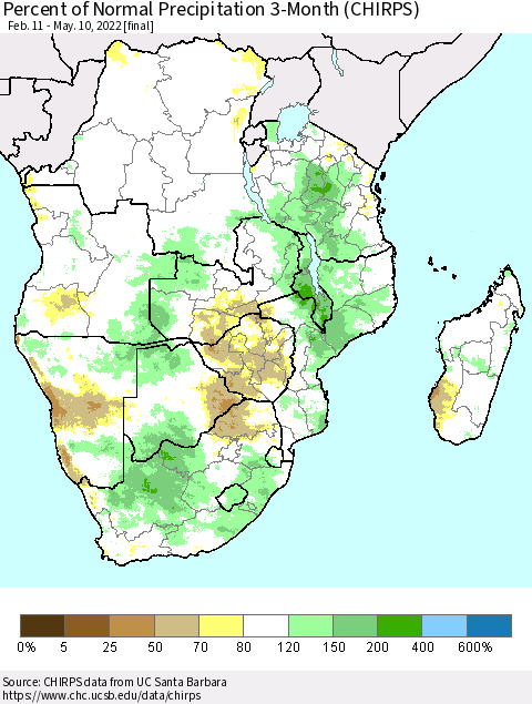 Southern Africa Percent of Normal Precipitation 3-Month (CHIRPS) Thematic Map For 2/11/2022 - 5/10/2022
